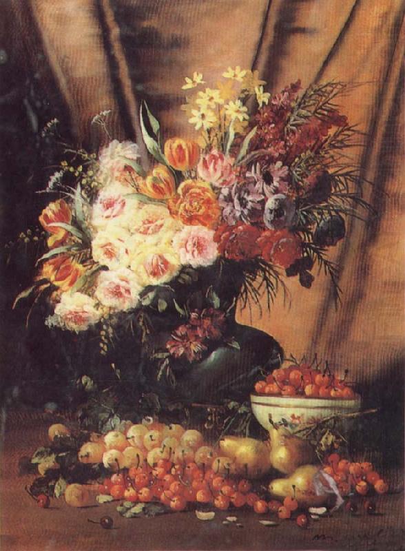 A Still life with Assorted Flowers,Cherries Pears and Quince, Modeste Carlier